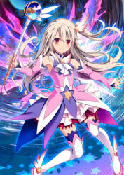 Rule 34 | 1girl, armpits, black thighhighs, blonde hair, boots, detached sleeves, earrings, fate/grand order, fate/kaleid liner prisma illya, fate (series), holding, holding staff, illyasviel von einzbern, jewelry, kaleidostick, long hair, magical girl, magical ruby, one side up, prisma illya, prisma illya (zwei form), red eyes, smile, solo, staff, star (symbol), thigh boots, thighhighs, white footwear