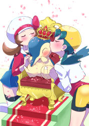 Rule 34 | 2girls, absurdres, blue hair, blue overalls, blush, bow, brown hair, cabbie hat, closed eyes, creatures (company), crown, cyndaquil, floral background, game freak, gen 2 pokemon, hat, hat bow, hat ribbon, highres, kiss, kneehighs, kris (pokemon), lyra (pokemon), multiple girls, nintendo, overalls, pokemon, pokemon (creature), pokemon gsc, pokemon hgss, red ribbon, ribbon, sheyona, shorts, simple background, socks, sweatdrop, throne, yellow shorts