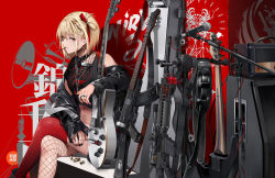 Rule 34 | 1girl, akm, alternate costume, amplifier, assault rifle, asymmetrical legwear, bare shoulders, belt collar, black jacket, black nails, black shirt, bullet, chain, chain necklace, collar, crop top, crossed legs, earrings, electric guitar, english text, fishnet thighhighs, fishnets, food, food in mouth, guitar, gun, hair between eyes, hair ribbon, heart, instrument, jacket, jewelry, kalashnikov rifle, leather, leather jacket, lock, long sleeves, looking at viewer, lycoris recoil, microphone, microphone stand, midriff, mismatched legwear, multicolored nails, nail polish, navel, necklace, neko (yanshoujie), nishikigi chisato, off shoulder, one side up, parted lips, pocky, pocky in mouth, punk, red background, red eyes, red nails, red thighhighs, ribbon, rifle, rocker-chic, shirt, short hair, sitting, sleeves past wrists, solo, speaker, thighhighs, thighs, weapon, weapon request