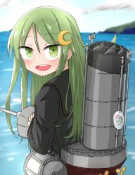 Rule 34 | 1girl, adapted turret, black serafuku, blue sky, blurry, cannon, cloud, commentary request, crescent, crescent hair ornament, day, depth of field, green eyes, green hair, hair ornament, highres, horizon, kantai collection, long hair, machinery, mountain, nagatsuki (kancolle), ocean, open mouth, outdoors, po0000000000, round teeth, school uniform, serafuku, sky, smokestack, solo, teeth, turret, upper body, upper teeth only