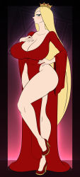 Rule 34 | 1girl, absurdres, alternate hairstyle, ass, blonde hair, blue eyes, breasts, cleavage cutout, clothing cutout, crown, dress, female focus, hand on breast, hand on own hip, high heels, highres, hilling (ousama ranking), huge ass, large breasts, long hair, looking at viewer, looking down, mature female, ousama ranking, pointy nose, queen, red dress, solo, thick thighs, thighs, very long hair