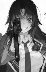 Rule 34 | 1girl, aiming, aiming at viewer, apocalypse witch, breast pocket, collared shirt, flower, greyscale, grin, gun, highres, holding, holding gun, holding weapon, jacket, long hair, looking at viewer, mika pikazo, monochrome, necktie, open clothes, open jacket, pocket, rifle, rose, school uniform, shirt, simple background, smile, solo, upper body, weapon, white background, wing collar