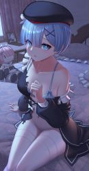 Rule 34 | 1girl, absurdres, bed, black hat, blue eyes, blue hair, bra, breasts, commission, commissioner upload, hat, highres, legs together, looking at viewer, night, photo (object), pixiv commission, re:zero kara hajimeru isekai seikatsu, rem (re:zero), short hair, solo, torn clothes, underwear, youtuou