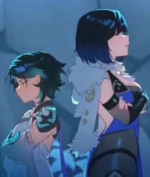 Rule 34 | 1boy, 1girl, back-to-back, bead necklace, beads, black hair, blue hair, breasts, cathpalugs, closed eyes, closed mouth, commentary, crossed arms, detached sleeves, facial mark, forehead mark, genshin impact, gradient hair, green hair, height difference, highres, jacket, jacket on shoulders, jewelry, lips, makeup, medium breasts, mole, mole on breast, multicolored hair, necklace, profile, short hair, simple background, symbol-only commentary, tassel, white jacket, xiao (genshin impact), yelan (genshin impact)