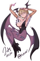 Rule 34 | 1girl, abaratani kurou, animal print, ankle boots, armpits, arms up, bat print, bat wings, black leotard, blue eyes, boots, braid, breasts, bridal gauntlets, brown gloves, cleavage, closed mouth, clothing cutout, commentary, cosplay, crossed legs, cup, darjeeling (girls und panzer), dated, floating, full body, girls und panzer, gloves, head wings, heart cutout, high heel boots, high heels, highleg, highleg leotard, highres, holding, holding cup, holding saucer, large breasts, legs, leotard, looking at viewer, low wings, morrigan aensland, morrigan aensland (cosplay), one-hour drawing challenge, pantyhose, print pantyhose, purple pantyhose, purple wings, saucer, short hair, simple background, smile, solo, teacup, twin braids, twitter username, vampire (game), white background, wings