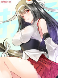 Rule 34 | 10s, 1girl, bare shoulders, black hair, blush, breasts, covered erect nipples, detached sleeves, epaulettes, fusou (kancolle), fusou kai ni (kancolle), hair ornament, headband, japanese clothes, kadokawa shoten, kantai collection, large breasts, long hair, looking at viewer, maki (seventh heaven maxion), nontraditional miko, red eyes, skirt, smile, solo
