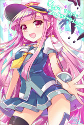 Rule 34 | 1girl, :d, anniversary, black thighhighs, blue jacket, blue skirt, braid, breasts, character request, commentary request, copyright name, hat, hinata momo, jacket, long hair, medium breasts, open mouth, peaked cap, pink hair, pleated skirt, pop&#039;n music, puffy short sleeves, puffy sleeves, red eyes, short sleeves, signature, skirt, smile, solo, thighhighs, very long hair, white hat, wrist cuffs