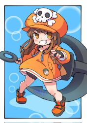 Rule 34 | 1girl, anchor, bike shorts, black gloves, blush, brown hair, cabbie hat, fingerless gloves, gloves, guilty gear, guilty gear strive, hat, hat ornament, highres, holding, holding anchor, hood, hoodie, long hair, long sleeves, looking at viewer, may (guilty gear), orange footwear, orange headwear, orange hoodie, rgurei0529, skull and crossbones, skull hat ornament, smile