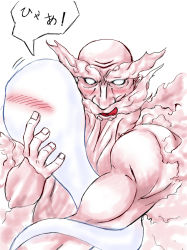 Rule 34 | 1boy, :p, bald, beard, blush, facial hair, ghost, highres, hitodama, konpaku youmu (ghost), male focus, moccho, motion lines, muscular, simple background, solo, speech bubble, talking, text focus, tongue, tongue out, touhou, unzan, upper body, white background