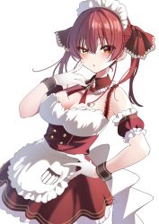 Rule 34 | 1girl, blush, breasts, cleavage, collar, commentary request, corset, detached collar, gloves, hair ribbon, hand on own hip, heterochromia, highres, hololive, houshou marine, large breasts, long hair, looking at viewer, maid, neck ribbon, parted lips, red collar, red eyes, red hair, red ribbon, ribbon, solo, twintails, virtual youtuber, white background, white gloves, wrist cuffs, yellow eyes, yoshioka pochi