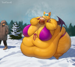 Rule 34 | 1boy, 1girl, alternate body size, animal ears, bat ears, bat girl, bat wings, belly, big belly, bikini, blue eyeshadow, breasts, brown coat, brown pants, cloud, cloudy sky, coat, double chin, eating, eyeshadow, fat, fat rolls, food, food on face, furry, furry female, furry male, heart, holding, holding food, huge breasts, makeup, obese, outdoors, pants, purple bikini, rouge the bat, sky, snow, sonic (series), standing, swimsuit, thick arms, totesfleisch8, tree, white fur, wings, winter, winter clothes, winter coat, yellow fur