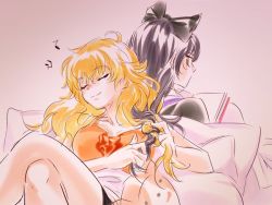 Rule 34 | 2girls, black hair, blake belladonna, blonde hair, blouse, book, commentary request, messy hair, mugupo, multiple girls, orange shirt, pillow, playing with another&#039;s hair, playing with own hair, rwby, shirt, sitting, yang xiao long