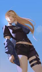 Rule 34 | 1girl, absurdres, adjusting hair, ahoge, artist name, belt, belt collar, black hairband, black nails, black shirt, black shorts, blonde hair, blue sky, blush, commentary, dokibird (vtuber), english commentary, from below, green eyes, hair down, hairband, highres, indie virtual youtuber, long hair, looking at viewer, nomurai, pink lips, shirt, shorts, sidelighting, sky, smile, solo, standing, t-shirt, thigh strap, virtual youtuber