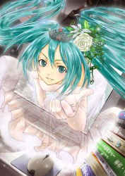 Rule 34 | 1girl, aqua eyes, aqua hair, book, cover, cover page, crown, dress, dutch angle, elbow gloves, flower, foreshortening, gloves, gown, hair flower, hair ornament, hatsune miku, heart, highres, majires, majires!, monitor, mouse (computer), mousepad, mousepad (object), otarou (otamax), outstretched hand, reaching, smile, solo, through medium, through screen, twintails, vocaloid, wedding dress