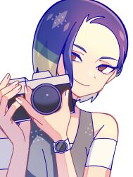 Rule 34 | 1girl, armband, bare shoulders, blue hair, brown eyes, camera, closed mouth, commentary request, creatures (company), game freak, grey vest, hands up, highres, holding, holding camera, kana (kanna runa0620), looking at viewer, nintendo, perrin (pokemon), pokemon, pokemon sv, short hair, simple background, smile, solo, upper body, vest, watch, white background, wristwatch