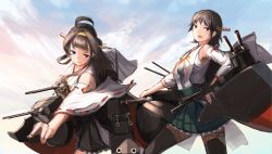 Rule 34 | 10s, 2girls, ahoge, black eyes, blue sky, breasts, brown hair, cloud, detached sleeves, doraxi, hiei (kancolle), kantai collection, kongou (kancolle), long hair, multiple girls, nontraditional miko, pantyhose, rigging, short hair, sketch, sky, thighhighs, thighs, turret
