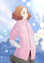 Rule 34 | 10s, 1girl, autumn-sacura, brown hair, hands in pockets, jacket, light, looking up, okumura haru, persona, persona 5, pink eyes, plaid, plaid skirt, skirt, smile, solo, zipper