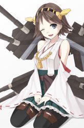 Rule 34 | 10s, 1girl, ;), ;d, ;o, bad id, bad pixiv id, bare shoulders, black pantyhose, blue eyes, brown hair, cannon, detached sleeves, frilled skirt, frills, hair ornament, hairband, hairclip, hand on lap, he92, headgear, hiei (kancolle), highres, japanese clothes, kantai collection, nontraditional miko, one eye closed, open mouth, pantyhose, personification, plaid, plaid skirt, ribbon-trimmed sleeves, ribbon trim, short hair, sitting, skirt, smile, turret, wariza, wink