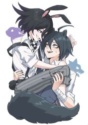 Rule 34 | 2boys, absurdres, ahoge, alternate costume, animal ears, bandaged arm, bandages, black hair, black nails, brown eyes, carrying, carrying person, checkered clothes, checkered scarf, danganronpa (series), danganronpa v3: killing harmony, eye contact, fangs, grey pants, grin, highres, looking at another, male focus, multiple boys, nail polish, oma kokichi, pants, rabbit, rabbit boy, rabbit ears, rabbit tail, saihara shuichi, scarf, shirt, short hair, smile, striped clothes, striped pants, sweatdrop, tail, teeth, ttegi (ddeck dg), upper teeth only, white background, white shirt, wolf, wolf ears