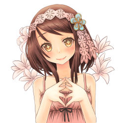 Rule 34 | + +, 1girl, bad id, bad pixiv id, bare shoulders, blush, bow, breasts, brown eyes, brown hair, camisole, floral background, flower, hair flower, hair ornament, hairband, lace, light smile, lipstick, looking at viewer, makeup, miyamae porin, original, short hair, simple background, small breasts, smile, solo, steepled fingers, swept bangs, symbol-shaped pupils, upper body, white background, yellow eyes