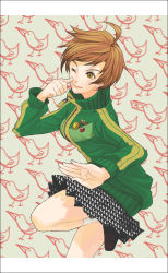 Rule 34 | 1girl, ahoge, atlus, bad id, bad pixiv id, bird, brown hair, female focus, fighting stance, jacket, kung fu, kyuusugi toku, lapel pin, martial arts, one eye closed, patterned, persona, persona 4, pin, satonaka chie, short hair, skirt, smiley face, solo, track jacket, wink, zipper