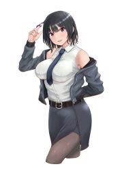 Rule 34 | 1girl, alternate costume, belt, black belt, black hair, black pantyhose, black skirt, bomber jacket, breasts, commentary request, cosplay, cowboy shot, dress shirt, hair between eyes, highres, hornet (kancolle), hornet (kancolle) (cosplay), jacket, jouzaburou (joe3), kantai collection, large breasts, long sleeves, looking at viewer, necktie, open mouth, pantyhose, pencil skirt, red eyes, revision, shirt, short hair, simple background, skirt, sleeveless, sleeveless shirt, solo, takao (kancolle), white background, white shirt