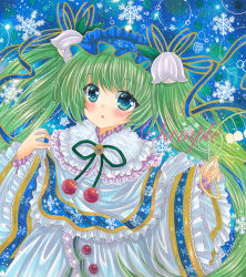 Rule 34 | 1girl, :o, blue background, blue eyes, blue hairband, blue ribbon, blush, brooch, capelet, cherry, flower, food, frilled capelet, frilled hairband, frilled sleeves, frills, fruit, green hair, hair flower, hair ornament, hair ribbon, hairband, hatsune miku, head tilt, holding, holding flower, jewelry, leaf, lily of the valley, long hair, long sleeves, looking at viewer, marker (medium), open mouth, print capelet, ribbon, rui (sugar3), sample watermark, snowbell (flower), snowflake background, snowflake print, solo, traditional media, treble clef, upper body, very long hair, vocaloid, watermark, white capelet, white flower, wide sleeves, yuki miku, yuki miku (2015)