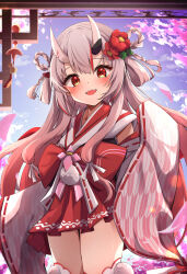 Rule 34 | 1girl, braid, commentary request, cowboy shot, detached sleeves, fang, flower, fumi (fumibeing), gradient hair, grey hair, hair flower, hair ornament, hair ribbon, highres, hololive, horns, japanese clothes, kimono, long hair, long sleeves, looking at viewer, multicolored clothes, multicolored hair, multicolored kimono, nakiri ayame, nakiri ayame (shrine maiden), oni, open mouth, red eyes, red hair, red kimono, ribbon, short kimono, sidelocks, skin-covered horns, solo, streaked hair, thighhighs, twin braids, two-tone kimono, two side up, virtual youtuber, white kimono, white thighhighs, wide sleeves, zettai ryouiki