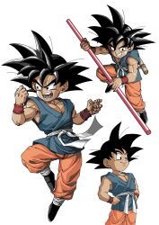 1boy 5yj9qhslw5jg7mg black_hair dougi dragon_ball dragon_ball_gt highres looking_at_viewer male_focus muscular muscular_male orange_pants pants ruyi_jingu_bang saiyan sash shirt simple_background smile solo son_goku spiked_hair