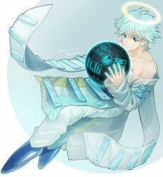 Rule 34 | 1boy, bare shoulders, blue eyes, blue footwear, blue hair, bodysuit, chart, closed mouth, collarbone, fon-due (fonfon), fugen shinjin, glowing, glowing halo, hair between eyes, halo, holding, houshin engi, long hair, looking at viewer, loose clothes, male focus, pie chart, short hair, sleeves past wrists, solo, strap, white bodysuit