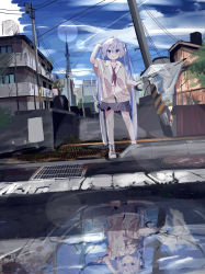 Rule 34 | 1girl, absurdres, blue eyes, blue hair, blue skirt, building, cardigan, chestnut mouth, city, commentary, contrail, day, full body, hand up, hatsune miku, highres, holding, holding umbrella, lens flare, light blue hair, light blush, long hair, looking at viewer, miniskirt, neckerchief, open mouth, outdoors, puddle, red neckerchief, reflection, road, scenery, skirt, solo, standing, street, syare 0603, tower, twintails, umbrella, utility pole, very long hair, vocaloid