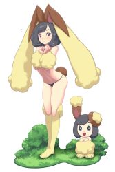 Rule 34 | 1girl, :&lt;, animal ears, black hair, black panties, blush, buneary, buneary (cosplay), chibi, chibi inset, clenched hands, closed mouth, commentary request, cosplay, creatures (company), eyelashes, full body, game freak, gen 4 pokemon, grass, highres, kneehighs, looking at viewer, lopunny, lopunny (cosplay), medium hair, mk (mikka), navel, nintendo, own hands together, panties, pokemon, pokemon sm, purple eyes, rabbit ears, selene (pokemon), socks, standing, swept bangs, underwear, white background