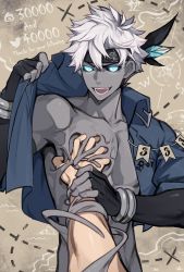 Rule 34 | 1boy, 1other, bandana, black bandana, black gloves, blue eyes, blue jacket, bracelet, colored skin, elbow gloves, english text, fingerless gloves, gloves, glowing, glowing eyes, grabbing, grey skin, guiding hand, highres, holding another&#039;s wrist, jacket, jewelry, looking at viewer, male focus, open mouth, original, patient zero, pectoral grab, pov, pov hands, twitter logo, white hair
