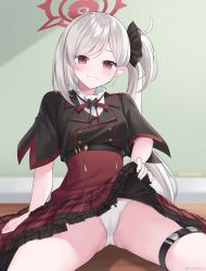 Rule 34 | 1girl, absurdres, black shirt, blue archive, blush, cameltoe, clothes lift, frilled skirt, frills, grey hair, grin, hair ornament, halo, hand on floor, high-waist skirt, highres, jacket, lifting own clothes, long hair, looking at viewer, mutsuki (blue archive), on floor, panties, purple eyes, rynzfrancis, school uniform, shirt, sitting, skirt, skirt lift, smile, solo, swept bangs, thighs, underwear, very long hair, white hair, white panties