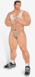 Rule 34 | 1boy, abs, absurdres, bara, bare shoulders, beard, brown hair, brown male underwear, bulge, clothes lift, facial hair, full body, highres, horikwawataru, jockstrap, large pectorals, lifting own clothes, looking to the side, male focus, male underwear, mature male, midriff peek, muscular, muscular male, navel, navel hair, no pants, original, pectoral cleavage, pectorals, shirt lift, shoes, short hair, sidepec, smile, sneakers, solo, stomach, sweatdrop, tank top, thick thighs, thighs, underwear, white tank top