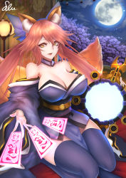 Rule 34 | 1girl, animal ear fluff, animal ears, artist request, bare shoulders, blue kimono, blue ribbon, blue thighhighs, breasts, cleavage, collarbone, detached sleeves, fate/extella, fate/extra, fate/extra ccc, fate/grand order, fate (series), fox ears, fox girl, fox tail, full moon, highres, huge breasts, japanese clothes, kimono, looking at viewer, moon, multiple tails, pink hair, ribbon, solo, tail, tamamo (fate), tamamo no mae (fate/extra), thighhighs, tree, yellow eyes