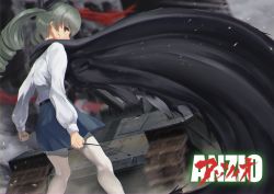 Rule 34 | 10s, 1girl, anchovy (girls und panzer), anzio school uniform, belt, black belt, black cape, black ribbon, black skirt, blurry, blurry background, cape, carro armato p40, clenched hand, covering own mouth, depth of field, dress shirt, drill hair, from behind, girls und panzer, green hair, hair ribbon, holding, long hair, long sleeves, looking at viewer, looking back, military, military vehicle, miniskirt, motion blur, motor vehicle, pantyhose, pleated skirt, red eyes, ribbon, riding crop, romaji text, satou pikuta, school uniform, shirt, skirt, solo, standing, tank, twin drills, twintails, white pantyhose, white shirt, wind