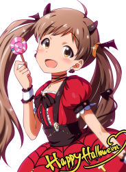 Rule 34 | 10s, 1girl, ahoge, brown eyes, brown hair, candy, demon tail, dress, hakozaki serika, happy halloween, hum desu, idolmaster, idolmaster million live!, lollipop, puffy short sleeves, puffy sleeves, red dress, short sleeves, simple background, smile, solo, tail, twintails, white background