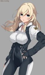 Rule 34 | 1girl, alternate costume, ascot, atago (kancolle), black bikesuit, black gloves, blonde hair, breasts, contrapposto, fingerless gloves, gloves, green eyes, grey background, highres, kantai collection, large breasts, long hair, miron (mirona33), simple background, solo, standing, two-tone bodysuit, white ascot