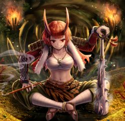 Rule 34 | 1girl, anklet, armor, belt, black nails, bracer, club (weapon), earrings, fangs, fire, jewelry, kanabou, kiseru, long sleeves, looking at viewer, macha0331, nail polish, navel, necklace, oni, original, smoking pipe, red eyes, red hair, sandals, sarashi, setsubun, short hair, sitting, skull, smile, smoke, solo, spiked club, toes, torch, weapon