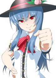 Rule 34 | 1girl, armpit peek, bad id, bad pixiv id, blue hair, bow, clenched hand, female focus, food, fruit, hand on own hip, hat, hinanawi tenshi, hip focus, leaf, long hair, looking at viewer, mattari yufi, outstretched hand, peach, red eyes, ribbon, smile, solo, touhou, upper body