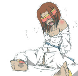 Rule 34 | 1girl, arms behind back, bare shoulders, barefoot, blindfold, blush, body blush, brown hair, cum, cum pool, feet, female focus, final fantasy, final fantasy tactics, headband, henoeno, open mouth, rapha galthena, short hair, soles, solo, spread legs, toes, torn clothes, trembling