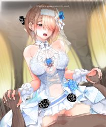 Rule 34 | 1girl, :o, alternate costume, bad id, bad pixiv id, blurry, blurry background, blush, bouncing breasts, breasts, bridal veil, bride, censored, clothed female nude male, cowgirl position, dark-skinned male, dark skin, dress, earrings, english text, eyelashes, eyes visible through hair, flower, gimnang, girl on top, glint, hair flower, hair ornament, hair over one eye, hetero, highres, holding hands, honkai (series), honkai impact 3rd, jewelry, large breasts, leg hold, lips, mole, mole under eye, mosaic censoring, nose, nude, open mouth, penis, petals, red eyes, rita rossweisse, rita rossweisse (artemis), rita rossweisse (vow of roses), sex, short hair, solo focus, sound effects, straddling, sweat, sweatdrop, vaginal, veil, wedding dress, white dress, wrist cuffs