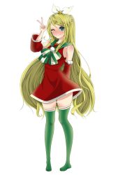 Rule 34 | 1girl, ;), alternate hair length, alternate hairstyle, arm behind back, bad id, bad pixiv id, blonde hair, blush, bow, christmas, contrapposto, detached sleeves, dress, fujima (k114), future style (module), green thighhighs, hair bow, hair ornament, hairclip, highres, kagamine rin, long hair, one eye closed, pigeon-toed, red dress, ribbon, sailor collar, smile, solo, standing, swept bangs, thighhighs, v, very long hair, vocaloid
