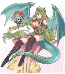 Rule 34 | 1girl, absurdres, alternate costume, breasts, buttlet13, cleavage, detached sleeves, dragon tail, dragon wings, fire emblem, fire emblem: mystery of the emblem, fire emblem heroes, flower, full body, green eyes, green hair, highres, large breasts, long hair, nagi (fire emblem), nintendo, parted lips, pointy ears, simple background, solo, tail, tiara, very long hair, white background, wings