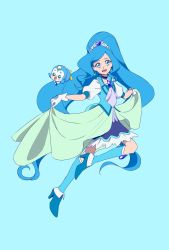 Rule 34 | 1girl, :d, bird, blue background, blue choker, blue eyes, blue footwear, blue hair, blue skirt, blue theme, boots, choker, clothes lift, creature, cure fontaine, earrings, full body, gloves, hair ornament, healin&#039; good precure, healing animal, heart, heart hair ornament, highres, jewelry, knee boots, layered skirt, long hair, looking at viewer, magical girl, open mouth, pegitan (precure), penguin, precure, sawaizumi chiyu, simple background, skirt, skirt lift, smile, strawberrylove2525, white gloves