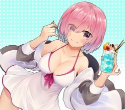 Rule 34 | 1girl, bare shoulders, blush, breasts, cleavage, drink, eyes visible through hair, fate/grand order, fate (series), hair over one eye, jacket, koruta (nekoimo), light purple hair, looking at viewer, mash kyrielight, mash kyrielight (swimsuit of perpetual summer), medium breasts, official alternate costume, one-piece swimsuit, purple eyes, short hair, smile, solo, swimsuit, white one-piece swimsuit