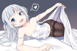 Rule 34 | 1girl, ai cao, blouse, blue eyes, blue hair, brown pantyhose, camisole, commentary, english commentary, gawr gura, hair ornament, heart, highres, holding, hololive, hololive english, long hair, midriff, multicolored hair, navel, open mouth, panties, panties under pantyhose, pantyhose, shark hair ornament, sharp teeth, shirt, silver hair, solo, spoken heart, strap slip, streaked hair, teeth, two side up, under covers, underwear, virtual youtuber, white panties, white shirt