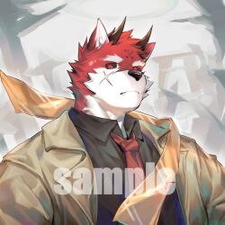 Rule 34 | 1boy, bara, black sclera, collared shirt, colored sclera, cross scar, facial mark, facial scar, fang, fang out, forehead mark, furry, furry male, horns, laserbiubiu, looking at viewer, male focus, necktie, original, red eyes, red fur, red necktie, sample watermark, scar, scar on cheek, scar on face, scarf, shirt, short hair, solo, thick eyebrows, upper body, watermark, wolf boy