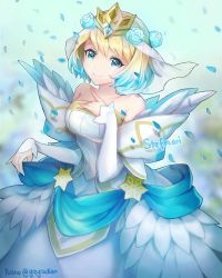Rule 34 | 1girl, bare shoulders, blonde hair, blue eyes, blue hair, closed mouth, crown, dress, earrings, feather trim, fire emblem, fire emblem heroes, fjorm (fire emblem), flower, gradient hair, greyradian, hair flower, hair ornament, hand up, highres, jewelry, long sleeves, looking at viewer, multicolored hair, nintendo, short hair, smile, solo, standing, stefmarii, twitter username, white dress